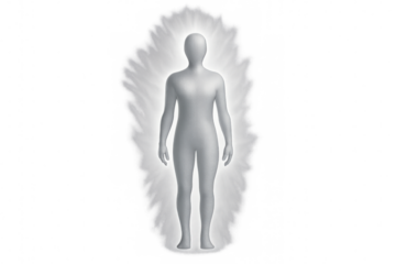 Human figure radiating white aura energy, representing spiritual body, soul, and healing, transparent background