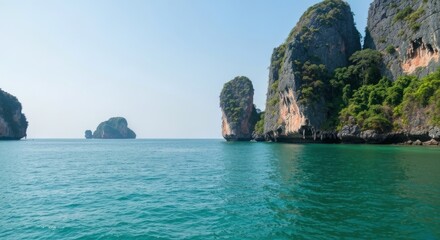 Vast turquoise ocean meeting towering jungle-clad limestone karsts under a clear blue sky