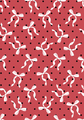 Illustration of a seamless polka dot pattern with pink bows. Pink bows and black dots background seamless pattern . Couqette ribbon pattern. Christmas or Valentines day holiday design
