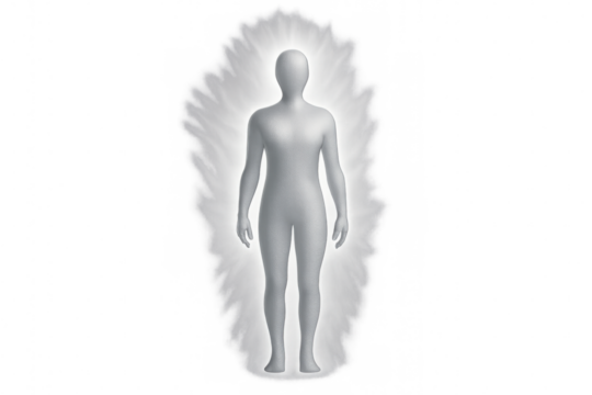 Human figure radiating white aura energy, representing spiritual body, soul, and healing, transparent background