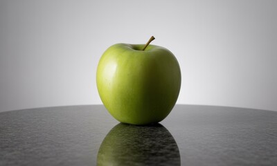 Vibrant green apple sitting on a dark, reflective stone surface with a soft white background