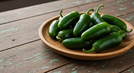 Vibrant green chili peppers, shiny and fresh, piled on a wooden plate on a rustic table