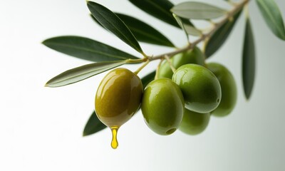 Vibrant green olives on a leafy branch, one fruit gently drips golden oil, white backdrop