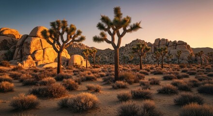 Vast arid desert bathed in warm light, featuring iconic spiky trees and massive boulders