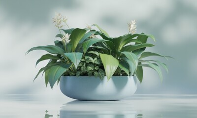 Vibrant green plants with white flowers in a smooth blue planter, on a reflective surface