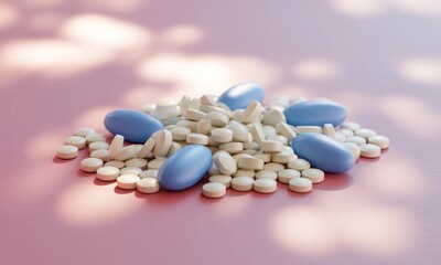Vibrant pink surface holds a heap of white round pills and large blue oval capsules