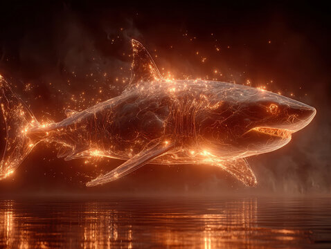 Luminescent, digitally rendered shark swimming in a dark underwater environment Ethereal glow emphasized by dim surroundings - AI-Generated - Powered by Adobe
