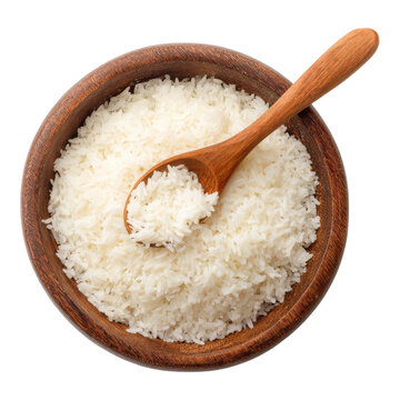 White rice, coconut flakes in wooden bowl, spoon, food ingredient isolated on Transparent Background