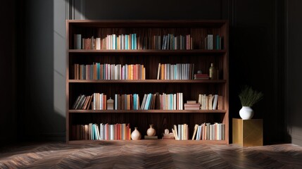 Wooden bookshelf in a room with dark walls and a wooden floor. the bookcase is tall and narrow, with six shelves.