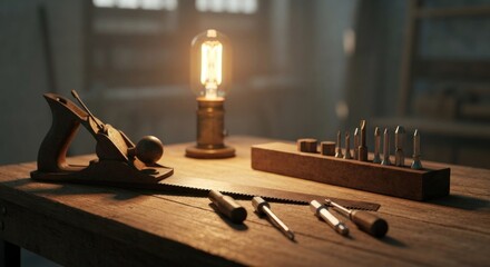 Vintage workbench with woodworking tools plane, saw, screwdrivers, illuminated bulb
