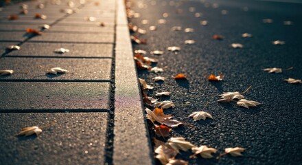 Warm sun illuminates autumn leaves scattered on sidewalk and asphalt next to curb