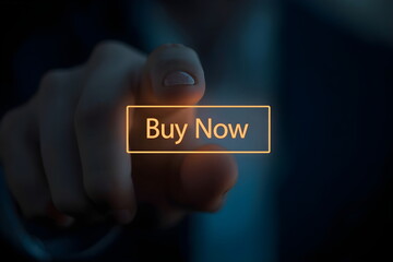 A Finger Clicks a Glowing 'Buy Now' Button for an Online Purchase