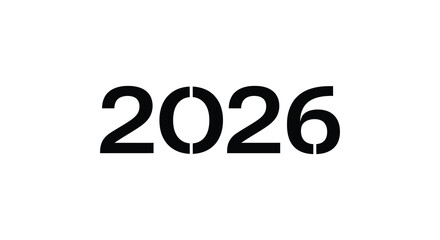 Bold black stencil numbers forming the year 2026 in a stark silhouette against a white background