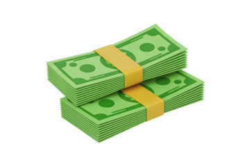 Two stacks of green paper money tied with yellow bands isolated on black