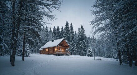 Warm lights illuminate a rustic wooden cabin nestled in a vast, snow-covered winter forest