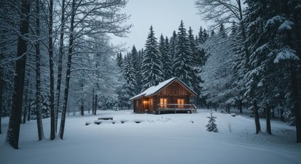 Warm illuminated cabin in a tranquil, snow-covered forest of frosted evergreen trees
