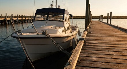 Fototapeta premium White boat docked at a weathered wooden pier on calm water during golden hour sun