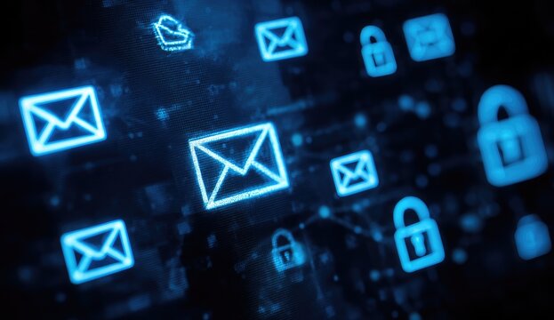 Abstract digital graphic of glowing email and lock icons - Powered by Adobe