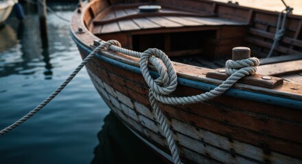 Obraz premium Weathered wooden boat hull with coiled rope tied to a cleat, floating on dark water