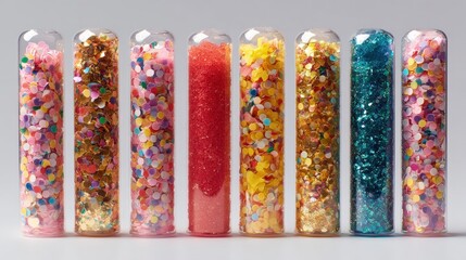 Row of six tall glass tubes filled with colorful confetti. the tubes are arranged in a horizontal line and are of different sizes and shapes.