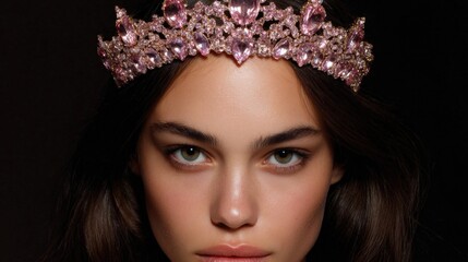 Close-up portrait of a young woman's face. she has long dark hair and is wearing a pink tiara on her head. the tiara is made up of multiple large pink stones that are arranged in a circular pattern.