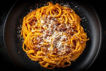 Overhead View of Spaghetti Pasta Dish with Grated Cheese on a Black Plate Against Dark Background