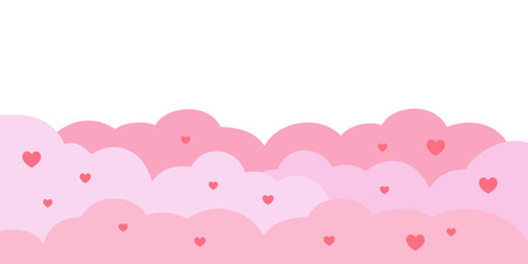 Pink clouds border frame with red hearts template. Valentine, love, romance, holiday celebration concepts. Flat decorative vector design isolated illustration.