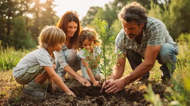 Family planting a young tree together as a Bah&aacute;&rsquo;&iacute; Faith service act, symbolizing unity, kindness, and care for the planet&rsquo;s future.