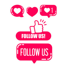 social media elements including heart notification icons, thumb up like icon, and “Follow Us!” buttons in hot pink color.