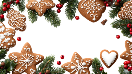 Festive christmas gingerbread cookies decorated with white icing on black background