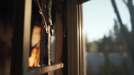 Aftermath of a house fire, focusing on the charred remains of a window frame, symbolizing loss and destruction, with a blurred outdoor view providing a stark contrast.