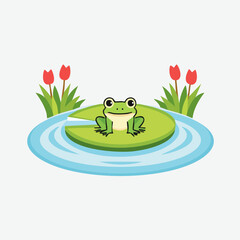 Fototapeta premium Frog on a lily pad in the water with flowers.