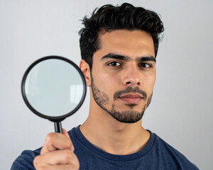 man looking through magnifying glass