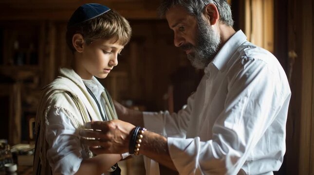 Jewish father helping his son wrap tefillin before prayer, symbolizing devotion, heritage, and the sacred bond of faith across generations.