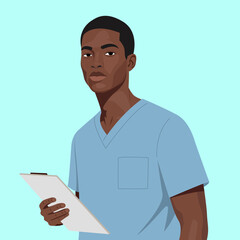 Professional African American Male Doctor Vector Portrait in Scrubs Holding Clipboard