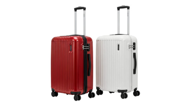 Two modern rolling suitcases one red and one white stand side by side against a black background