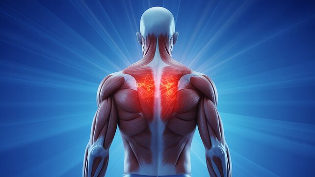 Human Back Muscles with Glowing Red Pain Points