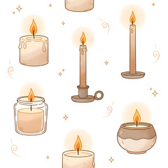 Seamless pattern of hand-drawn candles vector illustration with warm light perfect for backgrounds and festive designs