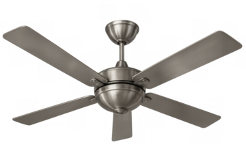 Brushed nickel ceiling fan providing cooling and ventilation, modern home appliance for indoor comfort