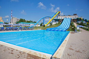 Gelendzhik resort. Zolotaya Bukhta water park. High and scary water descents in yellow and blue. Other Rear Attractions