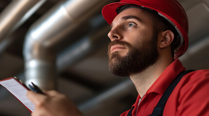 Focused worker with a red hardhat and clipboard inspecting overhead pipes. He embodies diligence in industrial maintenance, ensuring quality work, and promoting safety.