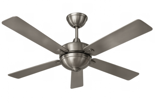 Brushed nickel ceiling fan providing cooling and ventilation, modern home appliance for indoor comfort