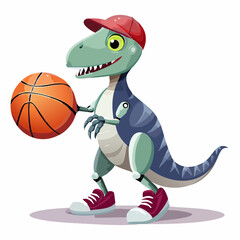 Futuristic robotic dinosaur playing basketball with excitement, blending technology, creativity, and fun in a unique sci-fi sports concept.
