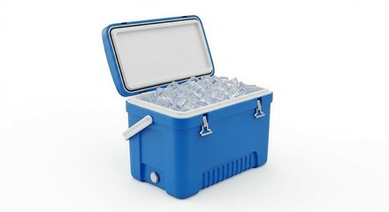 Blue cooler filled with ice cubes isolated on white background