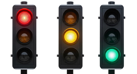 Three vertical traffic lights showing red yellow and green signals illuminated against a dark background