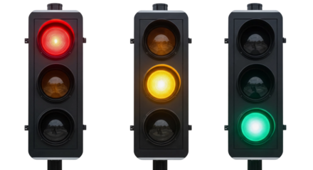 Three vertical traffic lights showing red yellow and green signals illuminated against a dark background