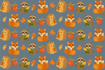 Cute Thanksgiving Woodland Animals Seamless Pattern | Fox, Hedgehog, Raccoon, Apples, and Leaves