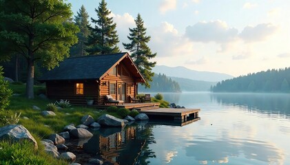 Naklejka premium Lakeside Cabin Escape Tranquil Retreat for Relaxation and Rejuvenation Amidst Towering Trees