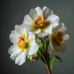Close-up of three delicate, white flowers with hints of red and yellow