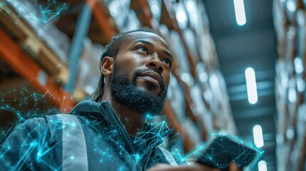 An inventory worker reviewing products in a large warehouse setting 